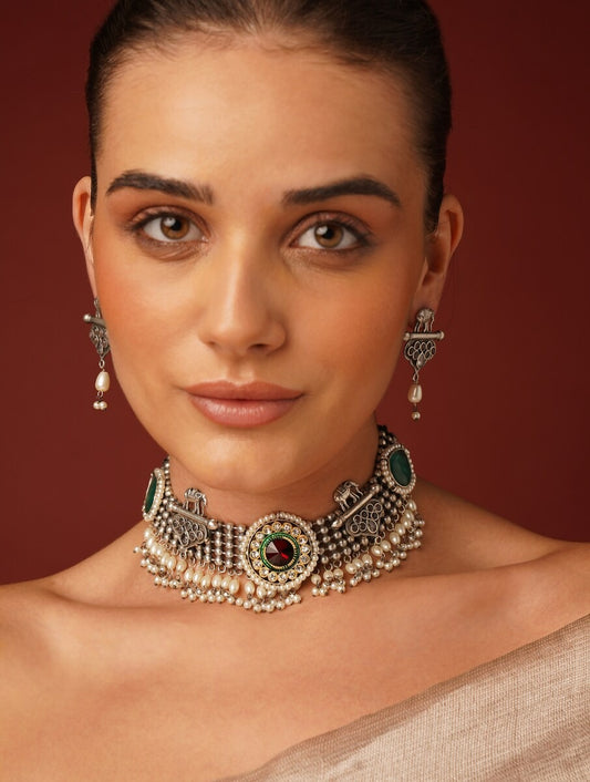 Black and silver choker necklace set, Luxe by Naitri, intricate pattern.
