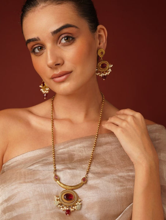Gold dangle pendant necklace set, Khushi by Naitri, ethnic design.