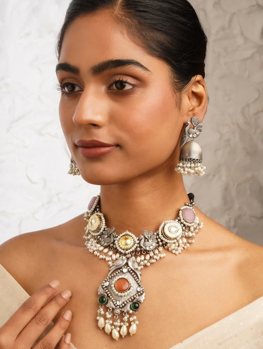 Multicolor and silver choker necklace set with earrings, Shrivalli by Naitri.